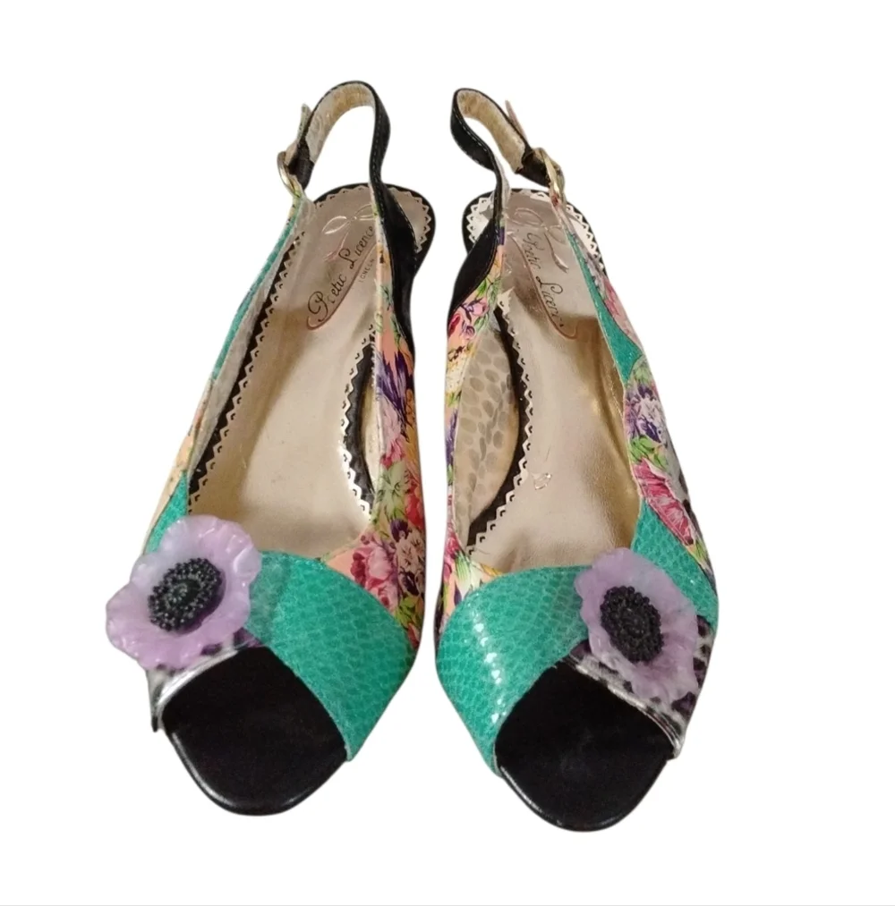 POETIC LICENSE Passion Fruit Tea Party Peep Toe Leather Sling Back Heels Sz 5.5
